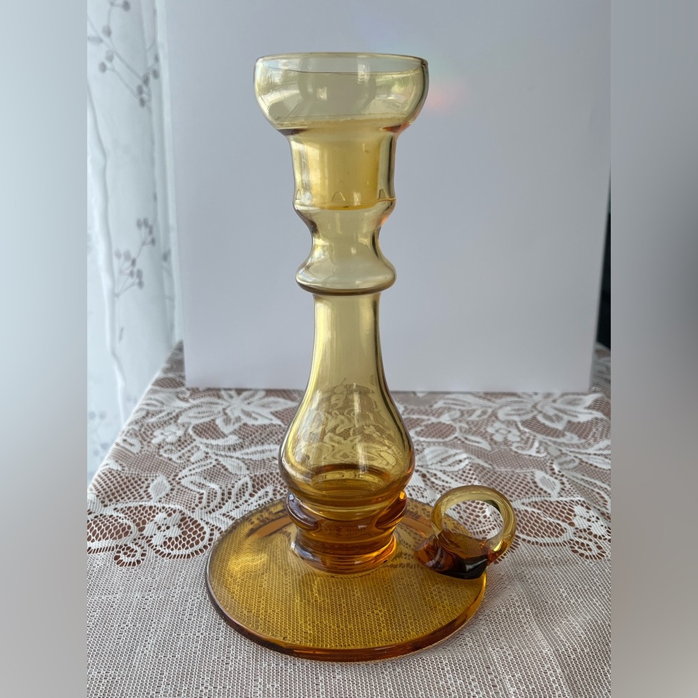Vintage Amber-Coloured Handblown Glass Candle Holder Retro Decor